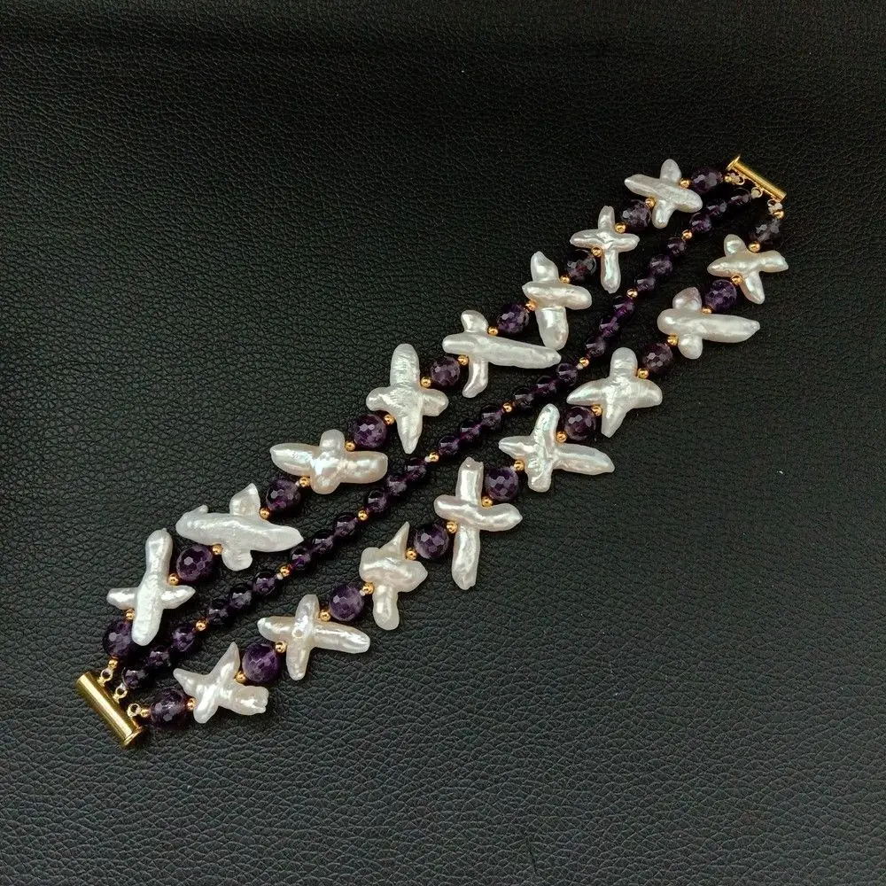 

Women's 8'' 3 Rows White Cross Pearl Ametyst Bracelet