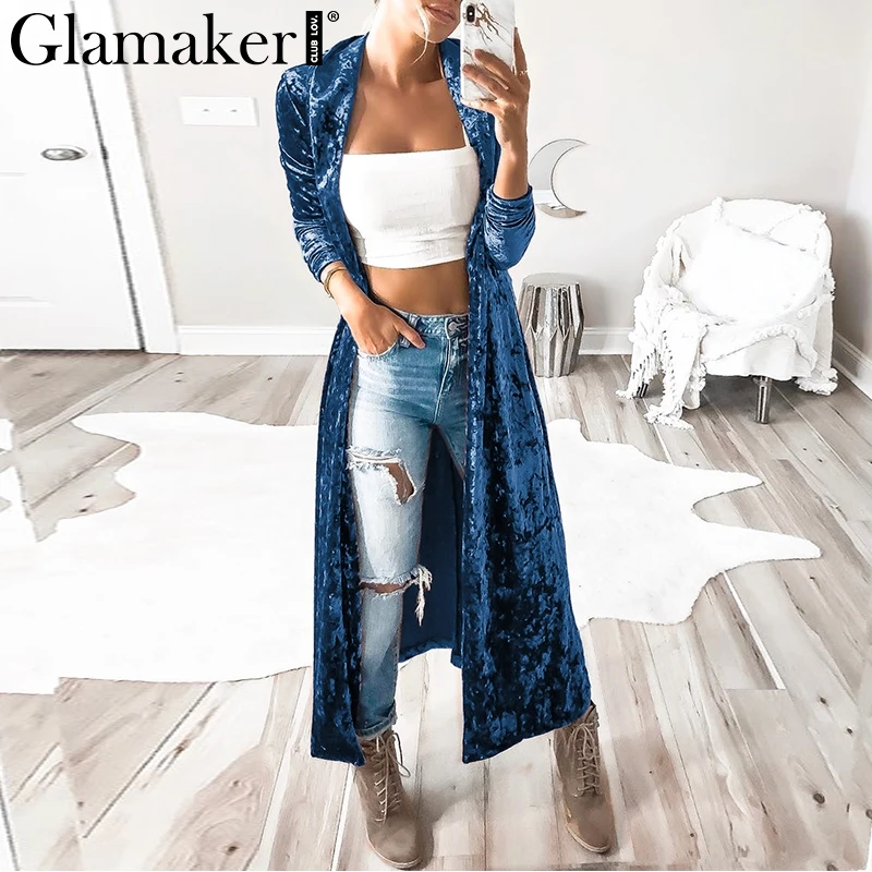 

Glamaker Blue velour spring long trench coat Women slim streetwear sexy overcoat Velvet party club outwear summer coat plus size