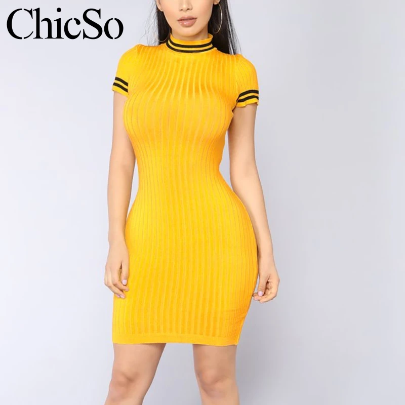 MissyChilli Knitting summer striped yellow dress Women