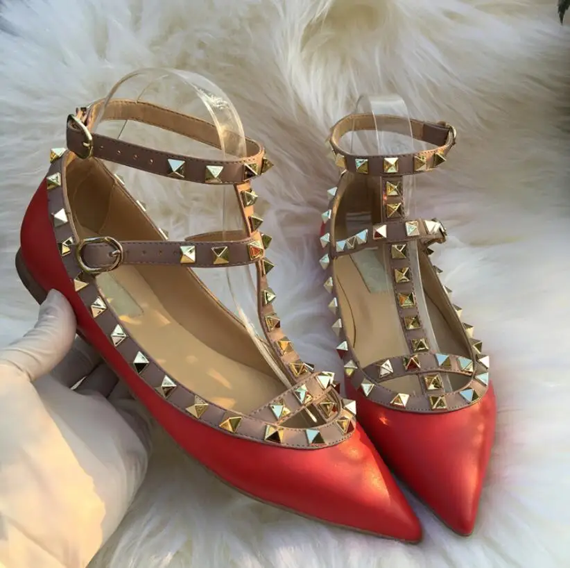

Summer Sandals New Patent Leather Word Buckle Flat Heel Rivets Shoes Women's Sandals Shallow Mouth Pointed Single Shoes with Box