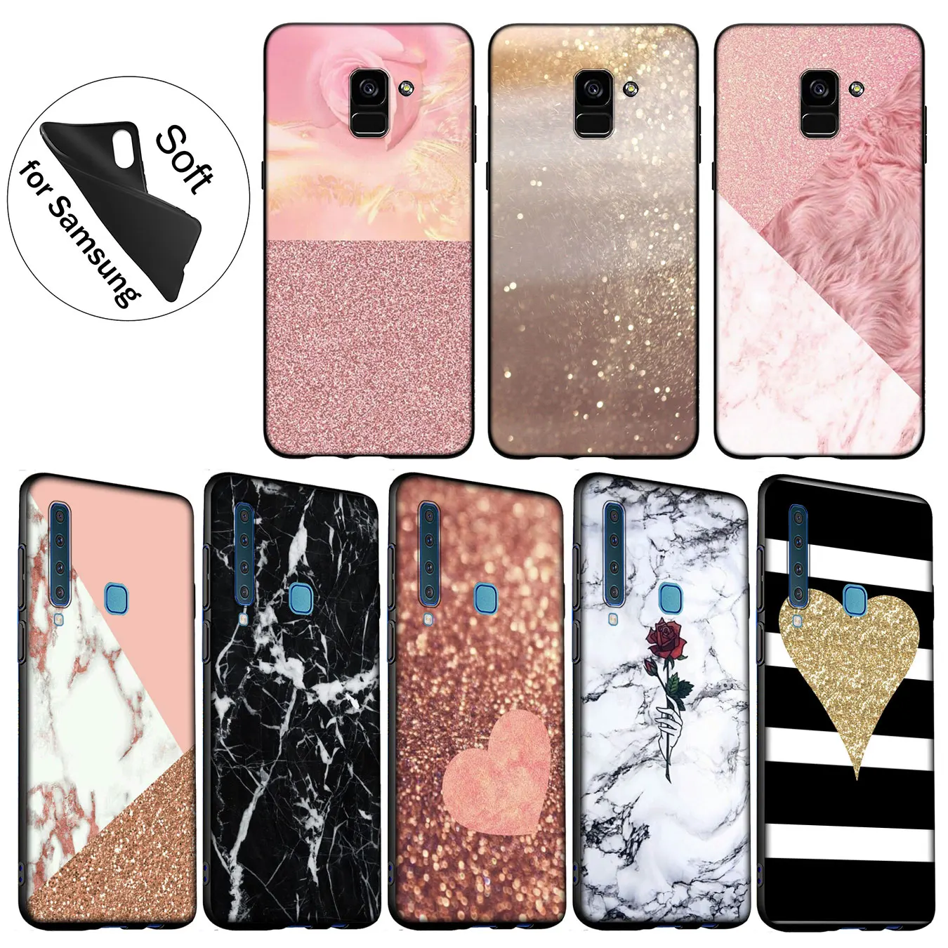 IYICAO Marble Gold Pink rose Glitter Dust Soft Case for Samsung Galaxy A6 A9 A8 A7 2018 A3 A5 2016 2017 Note 9 8 10 Plus Lite |
