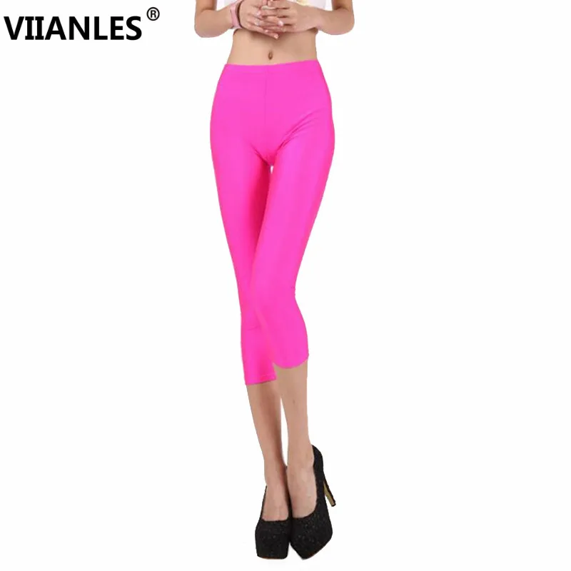 

VIIANLES Women Summer Leggings Solid Leggins Neon High Stretched Short Jeggings Fitness Leggins Cropped Candy pants