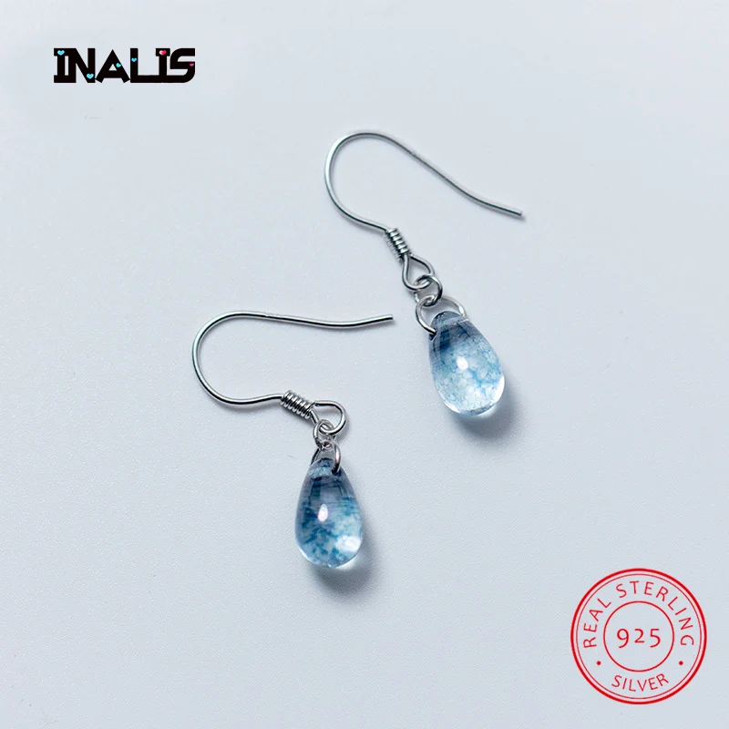 

INALIS New Vintage Ear Hook 925 Sterling Silver Fine Jewelry Waterdrop Blue Crystal Dangle Drop Earrings for Women Girl Brincos