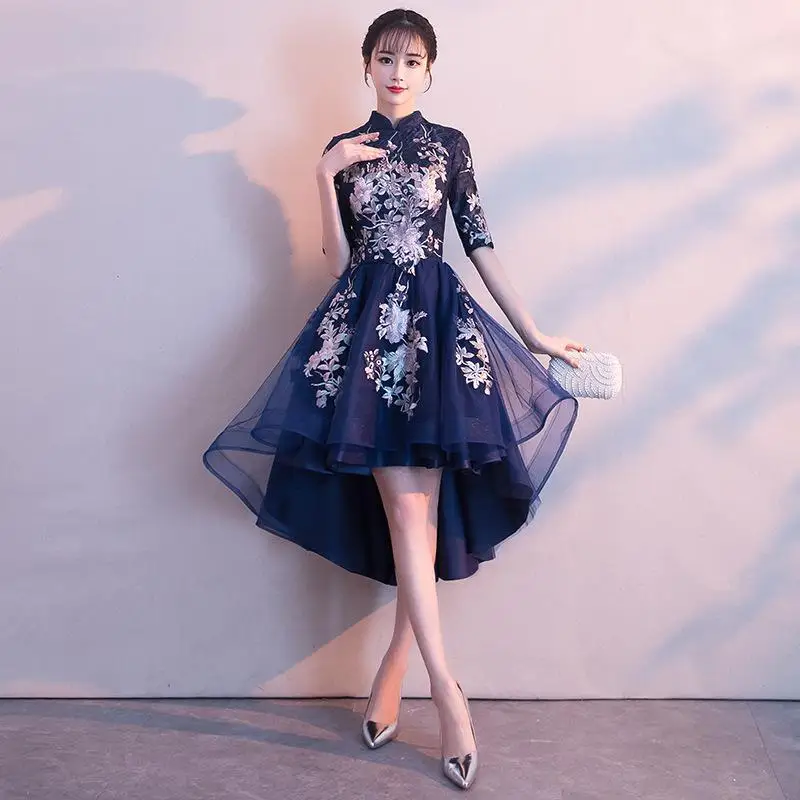 Элегантное китайское женское вечернее платье Ципао с традиционной цветочной вышивкой и рукавом до локтя, винтажное Восточное свадебное платье невесты - Цвет: Navy Blue Short