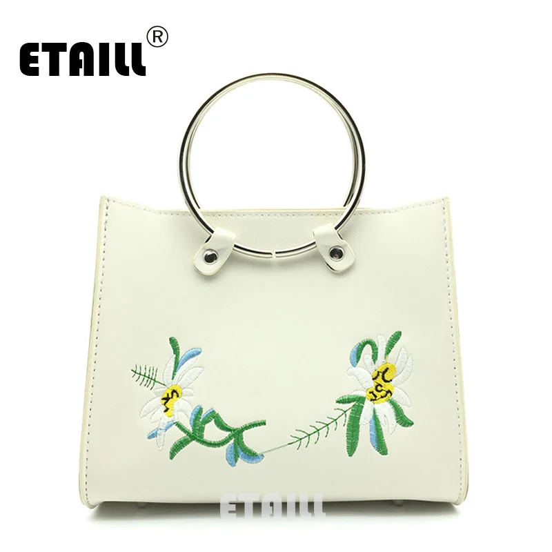 ETAILL Floral Embroidered Totes with Circular Handle Female High Quality PU font b Leather b font