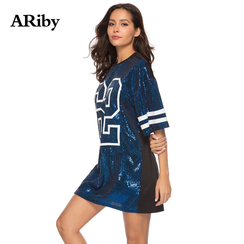 Women Dress Summer Party Vestidos Dresses ARiby 2019 New Sexy Digital Printing Loose Sequined Punk Mini O-Neck Half Sleeve Dress