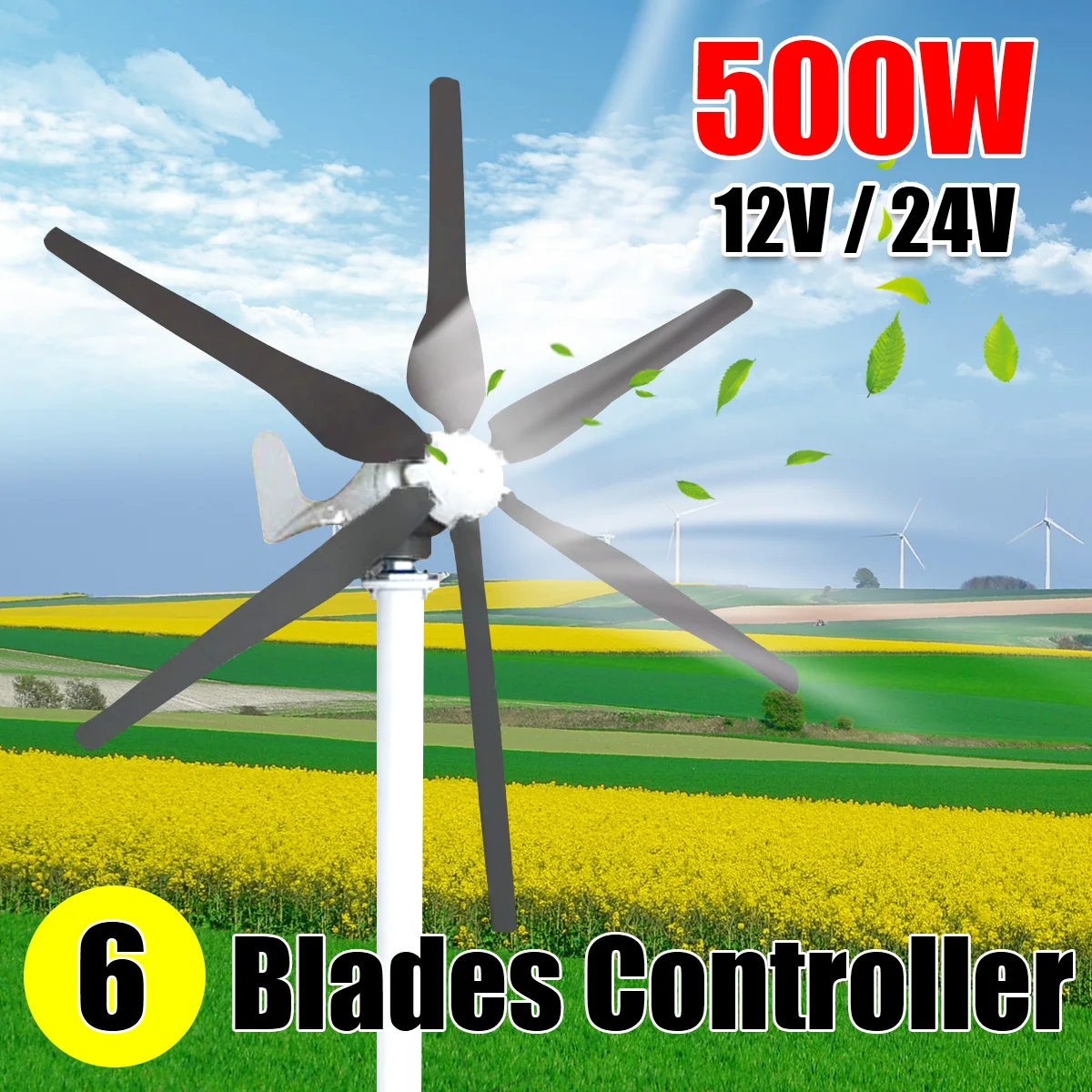 

500W 12/24V Wind Turbines Generator 6 Six Wind Blades Windmill Miniature Wind Turbines for Home Camping with Controller
