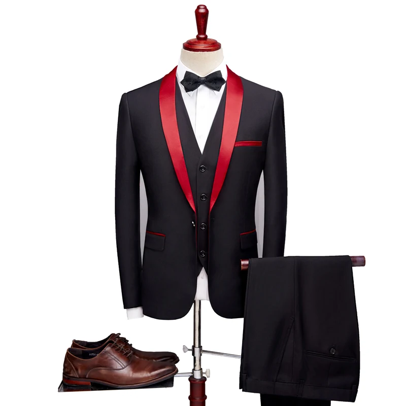 (Jacket+ pants + vest) brand men's suit 2019 men wedding dress clothing Slim shawl collar 3 piece set Burgundy suit men's tuxedo