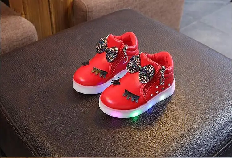 Детские светящиеся кроссовки с бантом для маленьких девочек молния светодиодный светильник детская обувь с подсветкой кроссовки спортивная обувь маленькие белые туфли