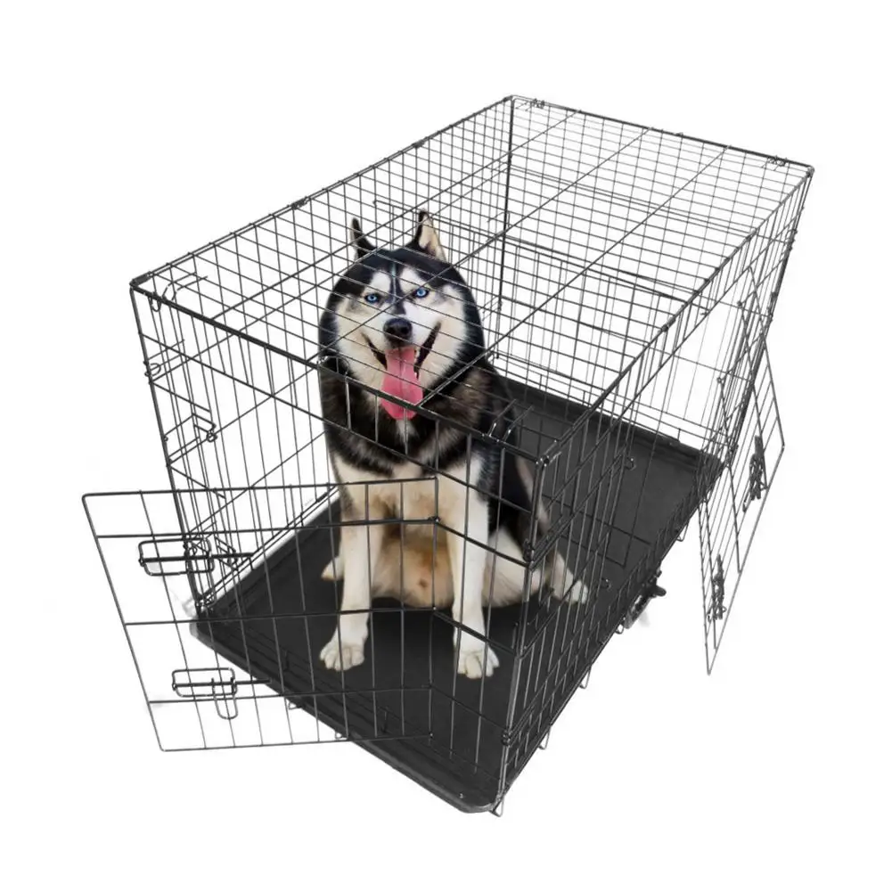 

36" Pet Dog Kennel Cat Dog Folding Steel Crate Animal Playpen Wire Metal Double Door Cage with Separate Fence and Plastic Tray