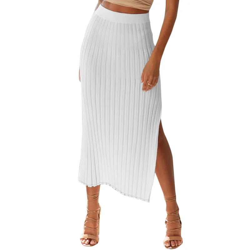 

Anself Fashion Women Knitted Skirt Ribbed Slit Side Solid Elastic Waist faldas mujer moda 2019 Slim Casual Maxi Long Skirt