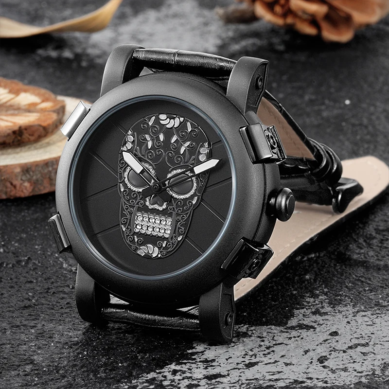 SKONE 3D череп часы для мужчин люксовый бренд натуральная кожа кварцевые мужские часы классный дизайн спортивные часы мужские Relogio Masculino