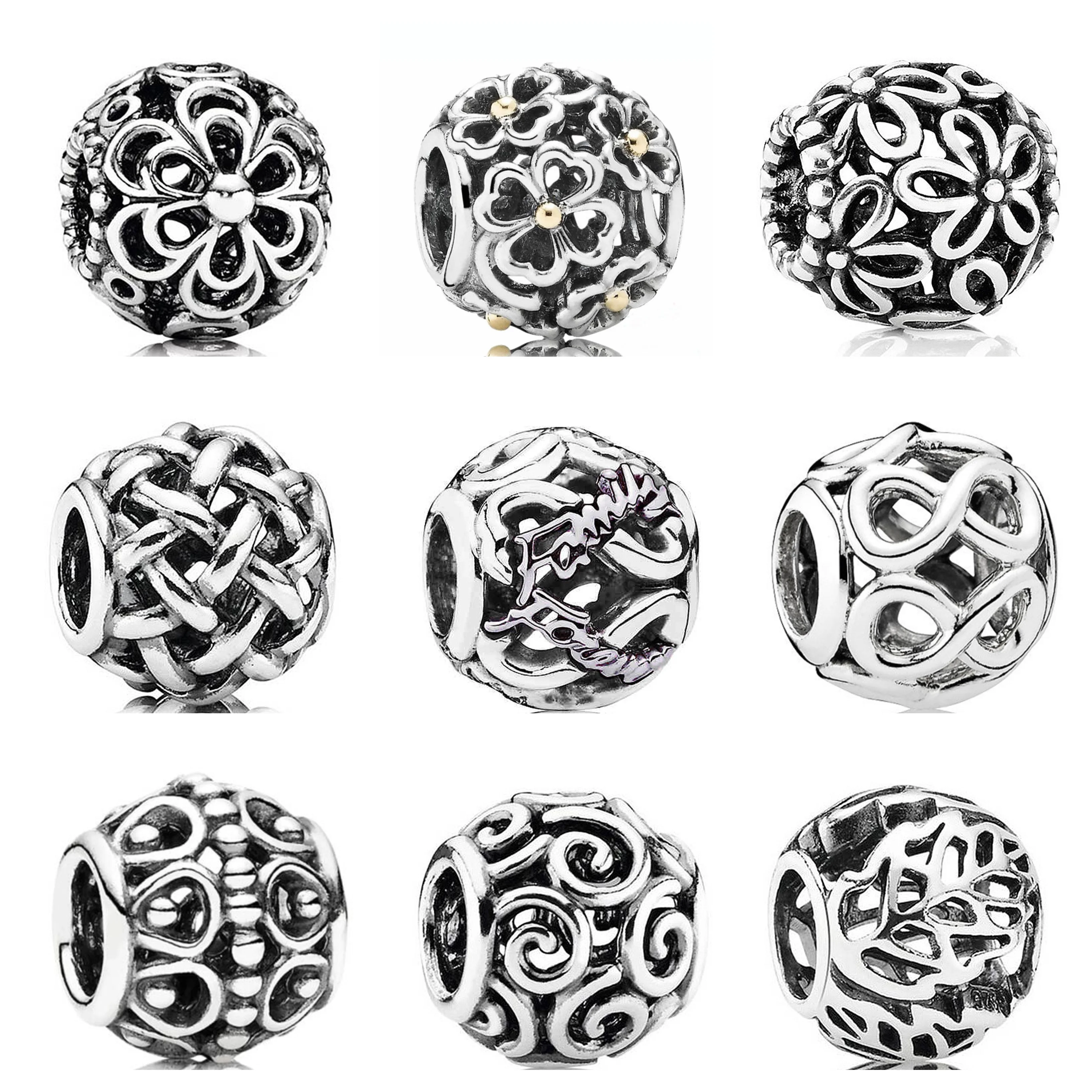 

Authentic 925 Sterling Silver Openwork Good Luckly Coin Thanks Round Ball Dreams Plant Four-leaf Clover Charm Bead Fit Bracelets