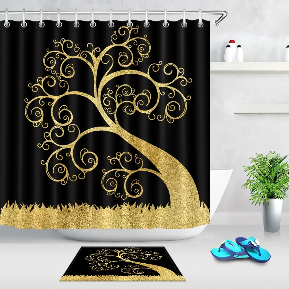 LB 72'' 12 Hooks Waterproof Polyester Black and Gold Tree Print Shower Curtains Bathroom Curtain