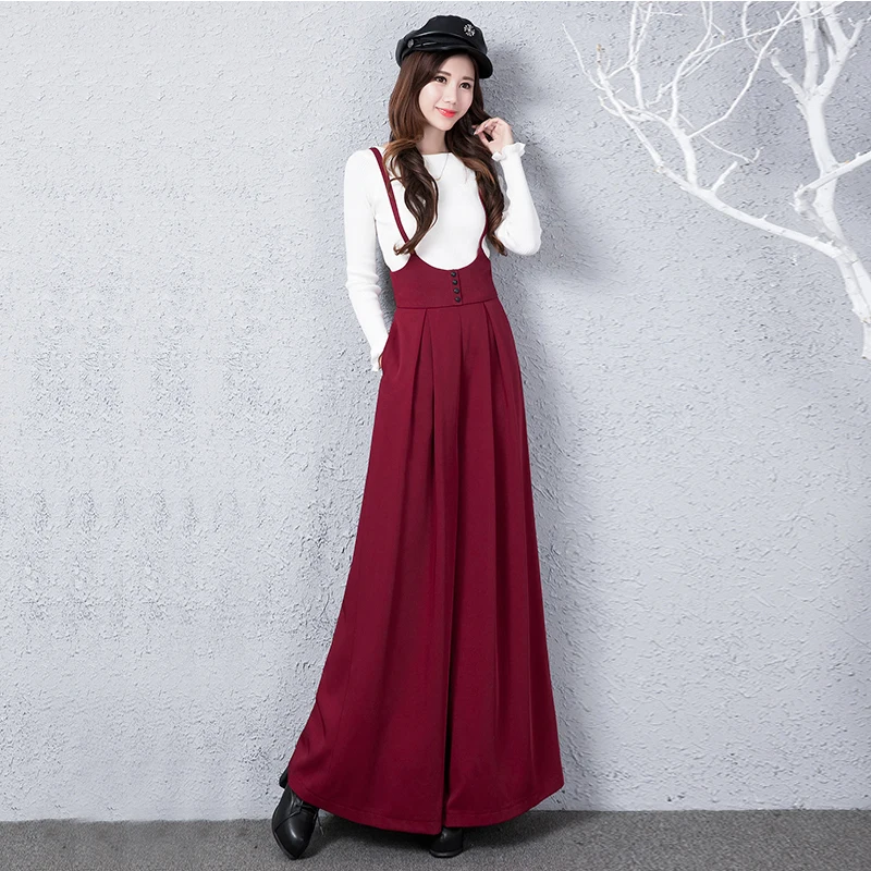 

2018 New Autumn Winter Full Length Pants Women High Waist Suspenders Trousers Wide Leg Pants Plus Size Casual Jumpsuit Rompers