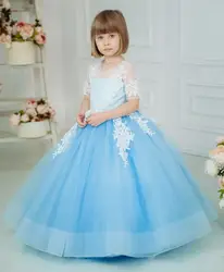 Милое платье высокого качества из тюля с цветочным узором для девочек, с кружевной аппликацией, с v-образным вырезом на спине, с короткими
