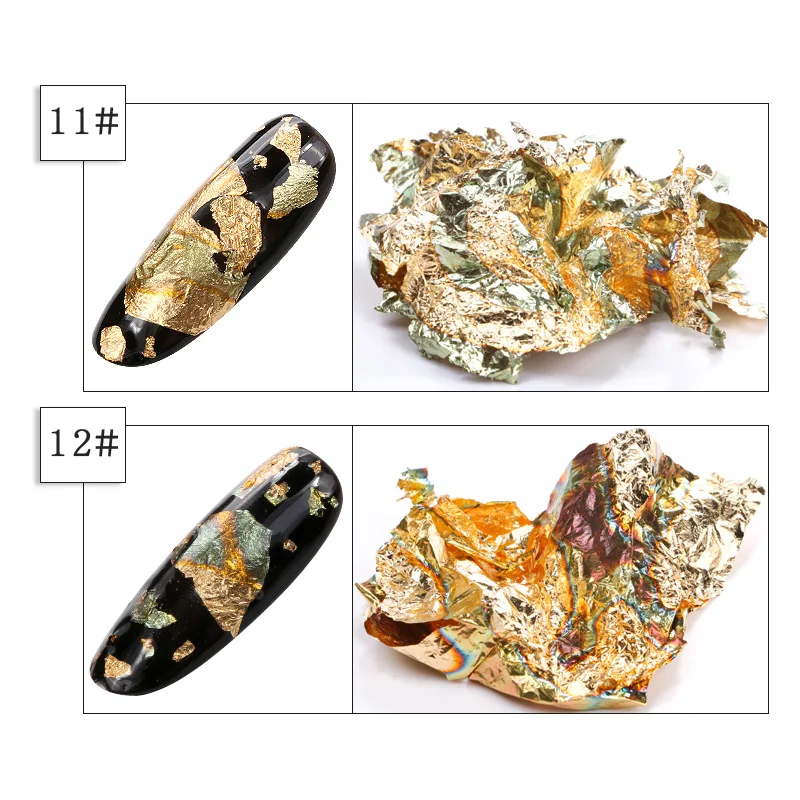 12 Colors/set Nail Foils Sticker Gold Silver Glitter Adhesive Glue Image Transfer Paillette Flake Chip Foil Paper Nail Art Tips