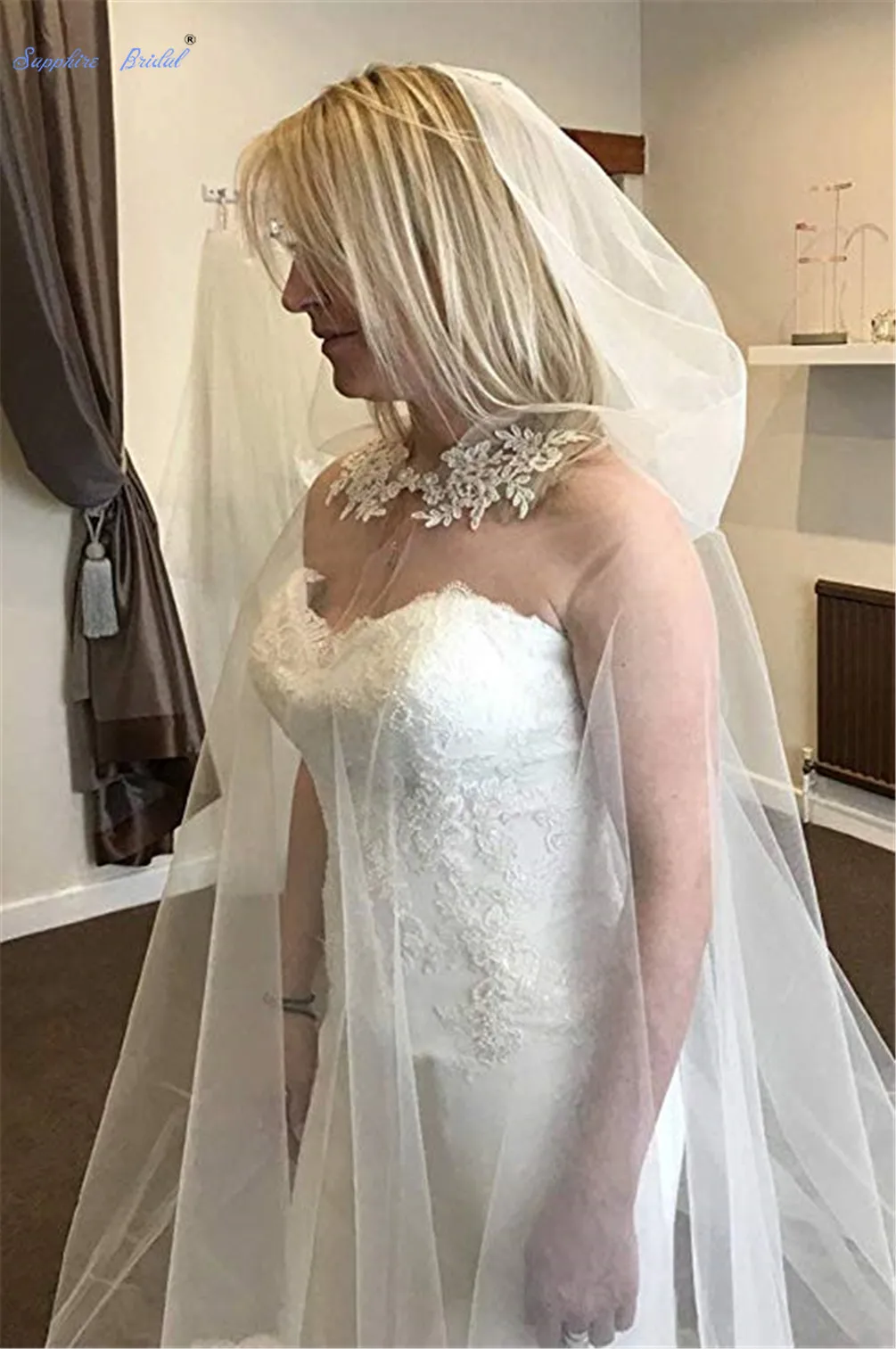 Сапфировая Свадебная женская элегантная накидка длиной 3 м/4 м белого цвета/цвета слоновой кости, свадебная накидка из тюля с аппликацией и капюшоном, свадебная шаль, накидка