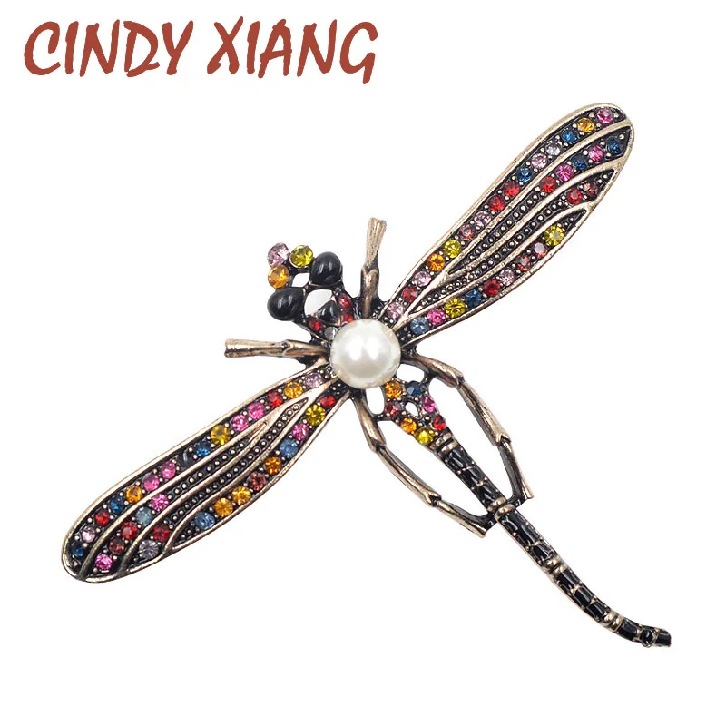 

CINDY XIANG Fashion Rhinestone Dragonfly Brooch 3 Colors Available Vintage Insect Brooches for Women Pearl Jewelry New Year Gift