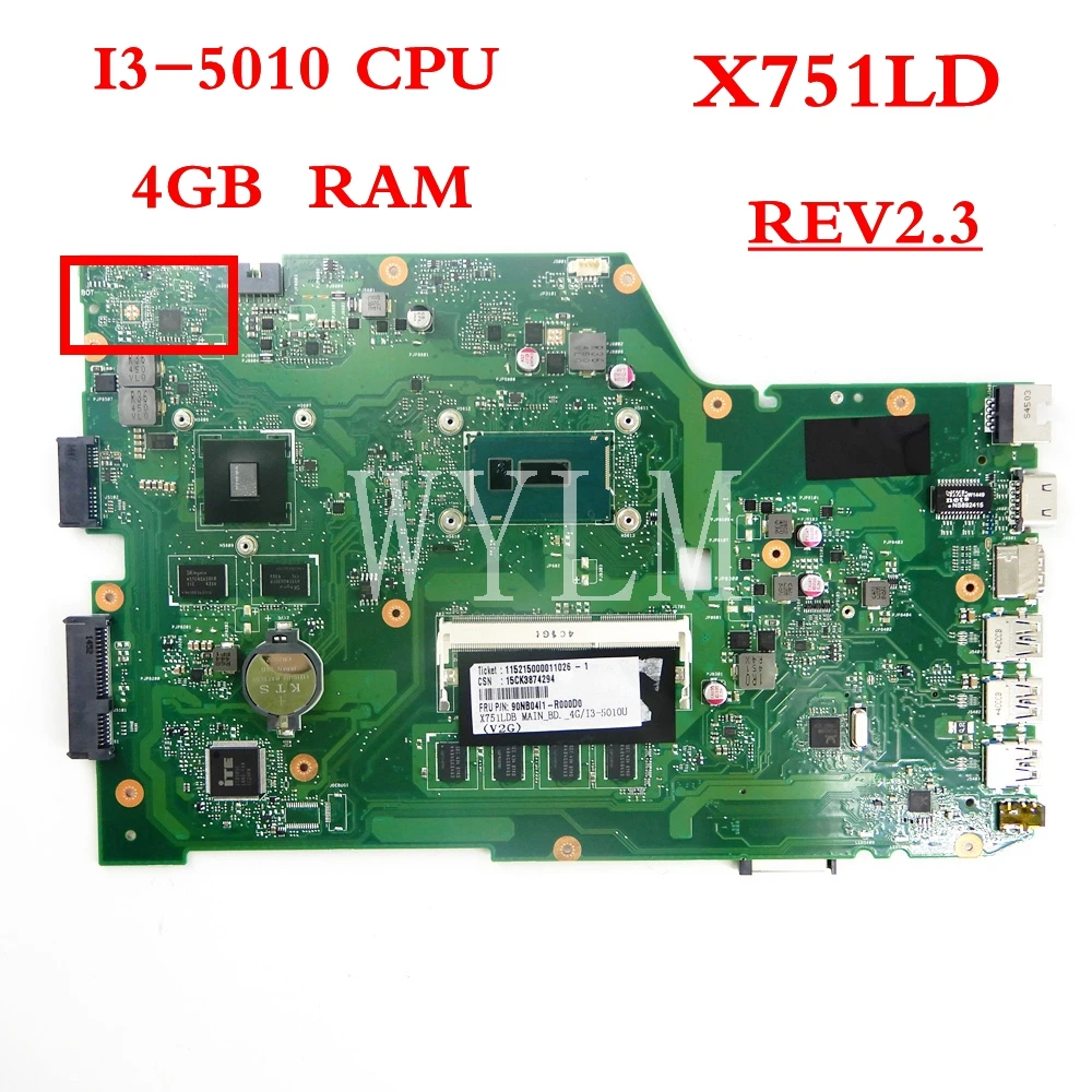 

X751LD I3-5010 CPU 4GB RAM mainboard REV2.3 For ASUS X751L K751LD R752L R752LD K751L X751LD X751LJ DDR3 Laptop motherboard