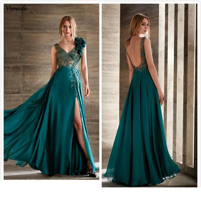 

Backless New 2019 Sexy See Through Evening Dresses Chiffon High Split Taffeta Formal Prom Gown Custom