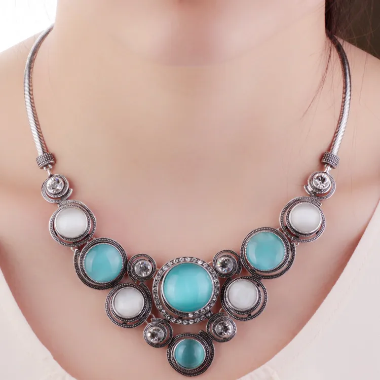 Vintage white gold opal beads big statement necklace for girl nature