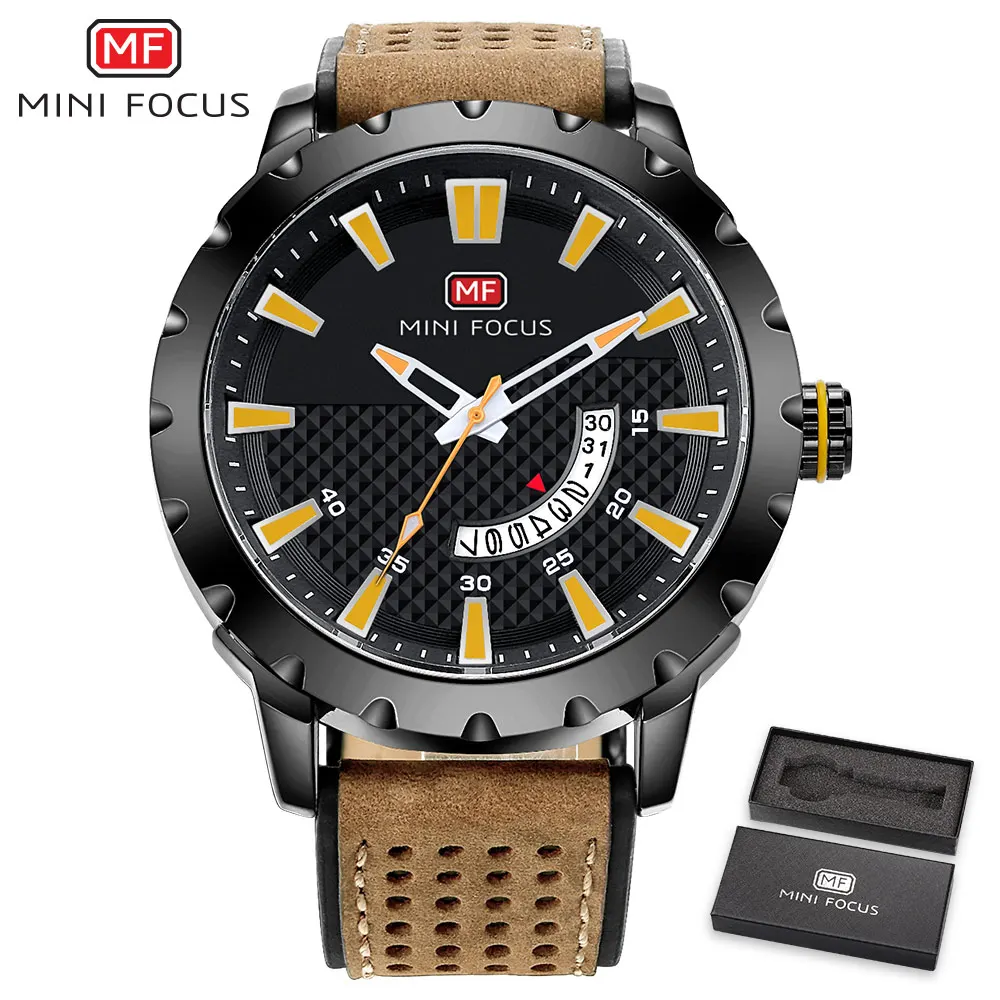 

MINIFOCUS Fashion Casual Watch Men Quartz Clock Brown Genuine Leather Strap Yellow Code Date Display Waterproof Wrist Watches
