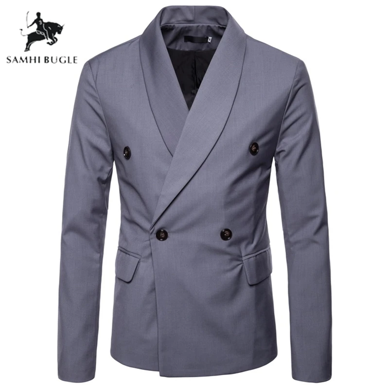 

Men Blazer 2019 Brand Fashion Solid Vintage Double Breasted Suit Jacket Casual Slim Green fruit collar Coats Grey Men's Clothing
