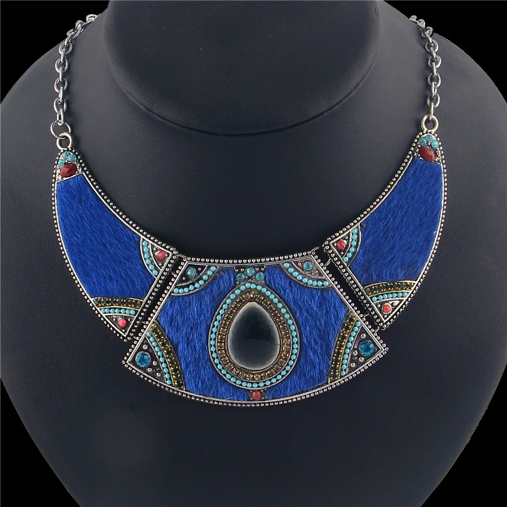 

LINDAJOUX Waterdrop Resin Beaded Blue Fur Pendants Necklaces For Women Bohemia Statement Necklace Female Jewelry ON001