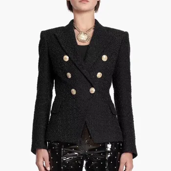 

New high end double breasted double breasted lion button professional self cultivation knitted tweed suit jacket in 2019