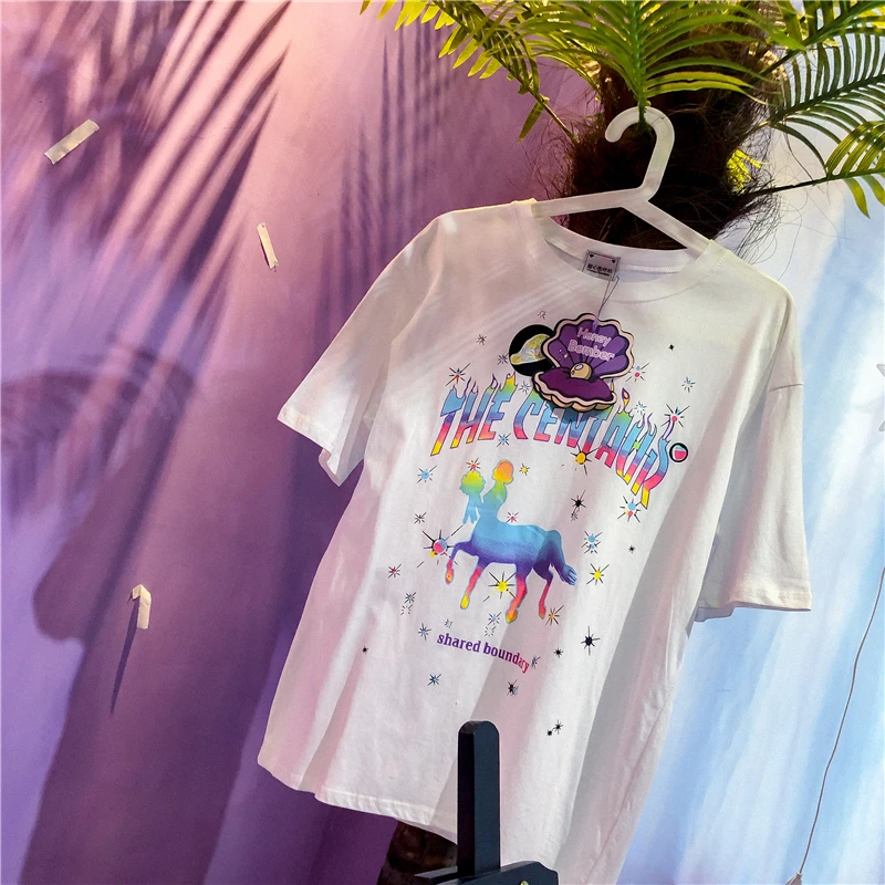 

Girls Summer T-shirt ins rainbow color gradual change Unicorn short sleeve cotton net red loose TX2