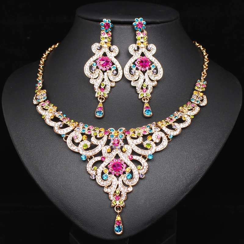 

Fashion Indian Brides Rhinestone Bridal Jewelry Sets Wedding Party Costume Accessories Earrings and Necklace Set Gifts for Women