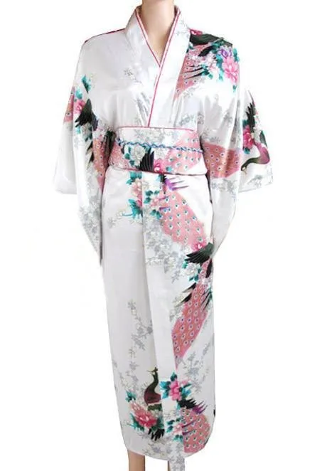 Горячая Японские Женские шелковые атласные кимоно вечернее платье юката Цветы Один размер - Цвет: white