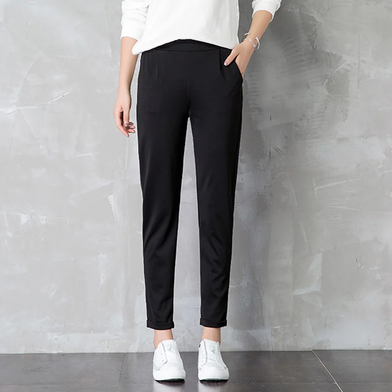 

Ladies 2019 Autumn Black Harem Pants Solid Plus Size Pockets Elastic Waist Female Trousers New Fashion Office Lady Pants Woman