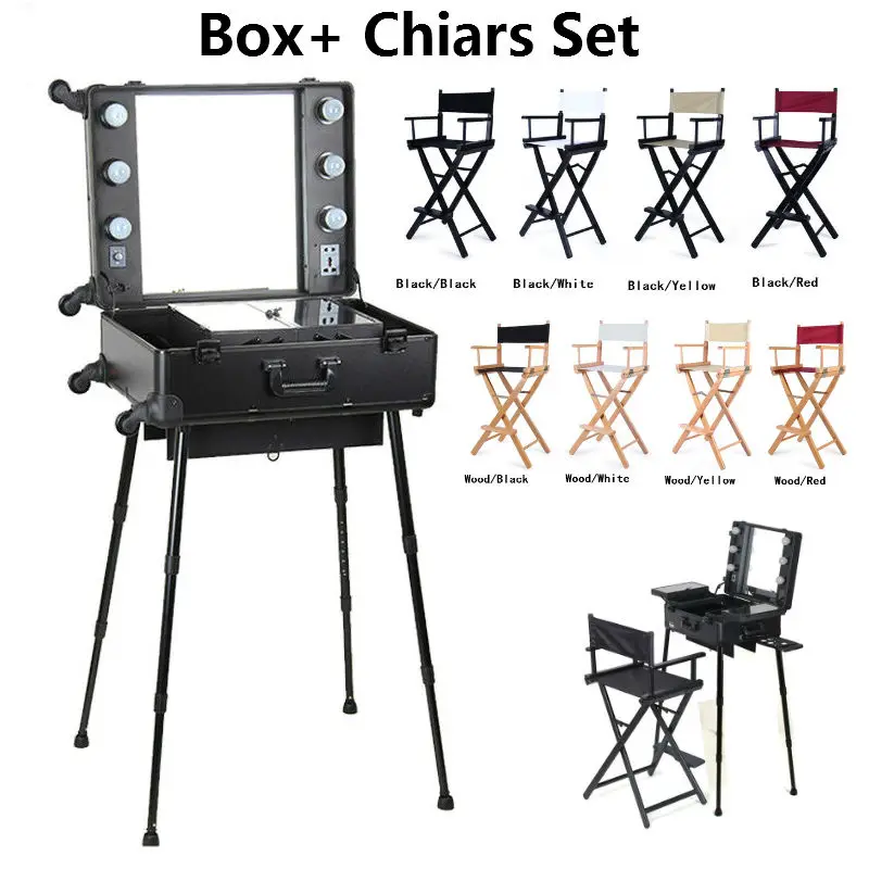 

2 pieces Makeup Case with lights and Aluminum makeup chair foldable artist hairdressing chair 8 colors