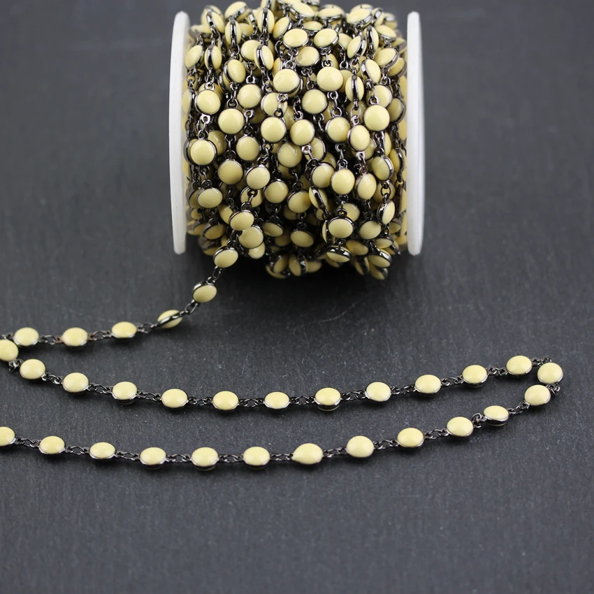 6mm Light Yellow Lampwork Glass Flat Round Coin Beads Gun Black Plated Rosary Links Chain Necklace Jewelry | Украшения и
