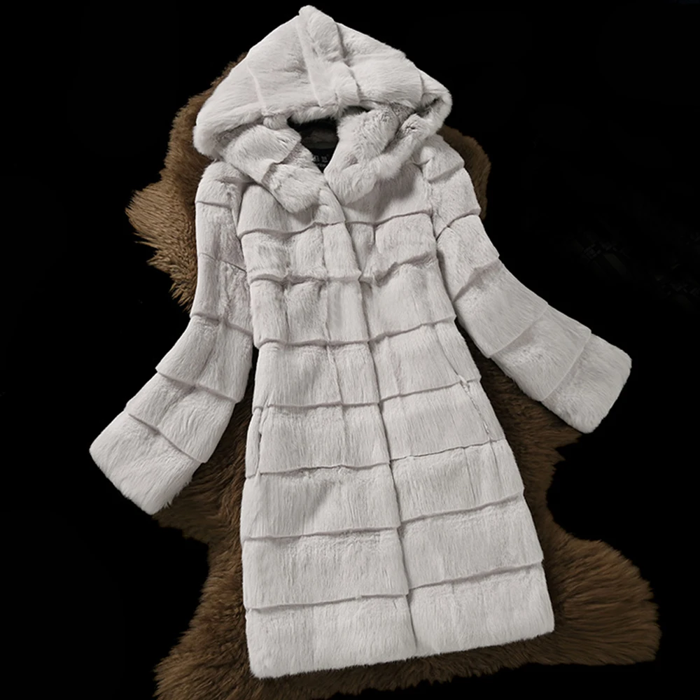 

2019 Hoodies Women Full Pelt Cut Genuine Rabbit Fur Outwear Stripe Line Real Fur Long Coat Plus Size Made wsr382