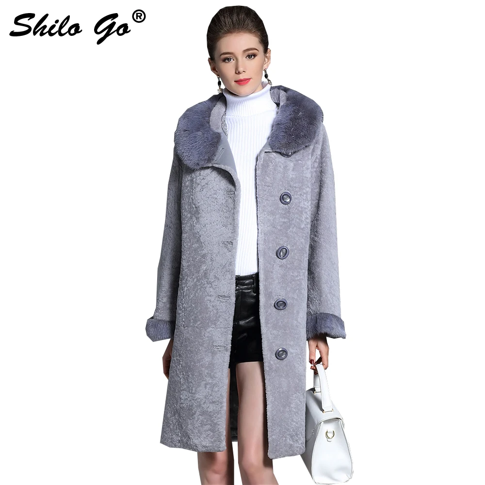 

Fur Coat Womens Winter Fashion Merino sheep fur long coat real Mink fur collar leather belt button Grey warm fur coat