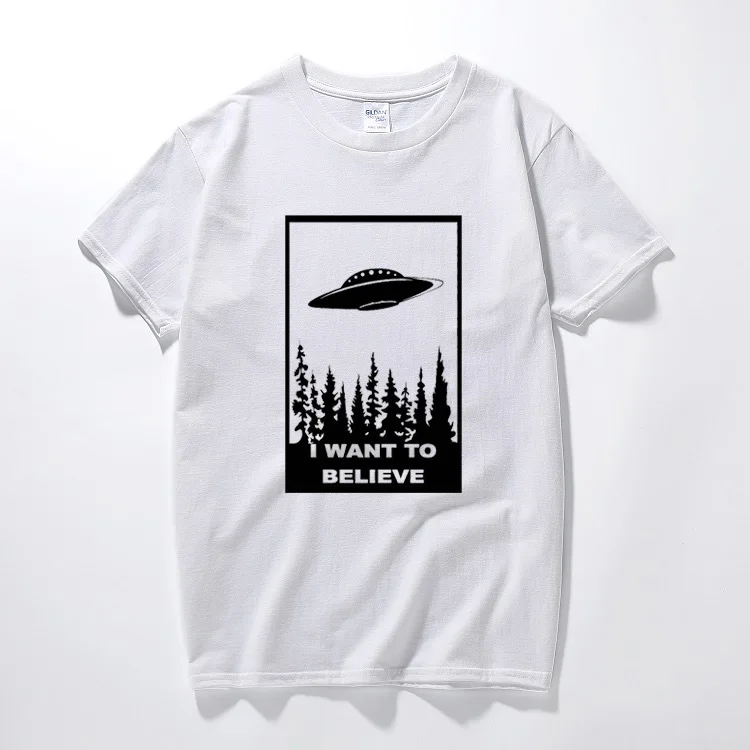 Футболка с надписью «I Want to Believe», забавная футболка, sci fi, ufo, space x fiction, файлы с инопланетянами, хлопковая футболка с короткими рукавами, camisetas hombre - Цвет: Белый