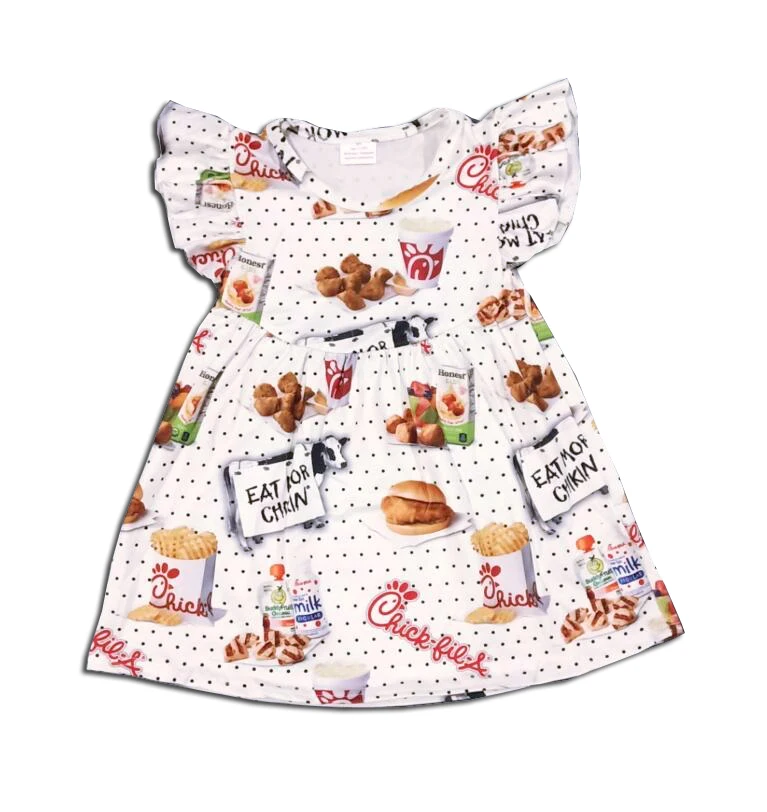 Милое Платье для девочек с рюшами и изображением бургера, курицы, картофеля фри, платье с жемчугом для девочек