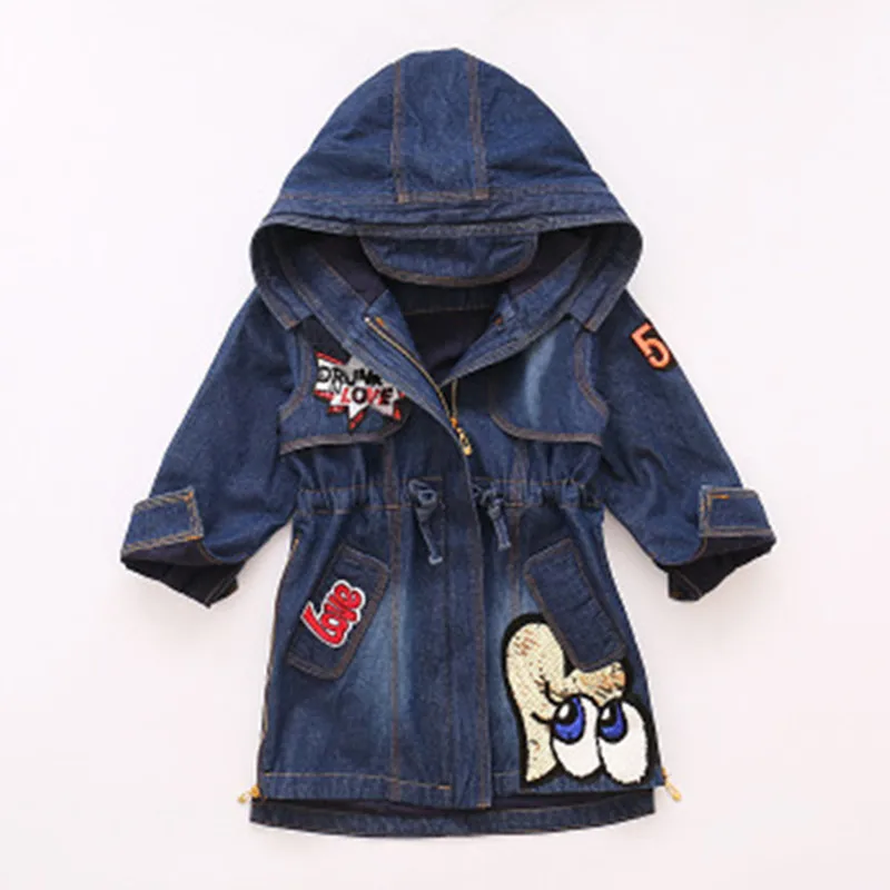 

Warm long Girl denim jacket embroidery sequins thick kids Windproof jacket Girl denim coat for kids Girl clothing jackets