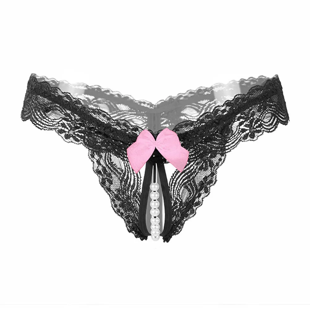 

Women Sexy Pearls Thongs G Strings Sexy Lady Bowknot Panties Lace Bow Briefs Erotic Transparent Open Crotch Underwear 5 Colors