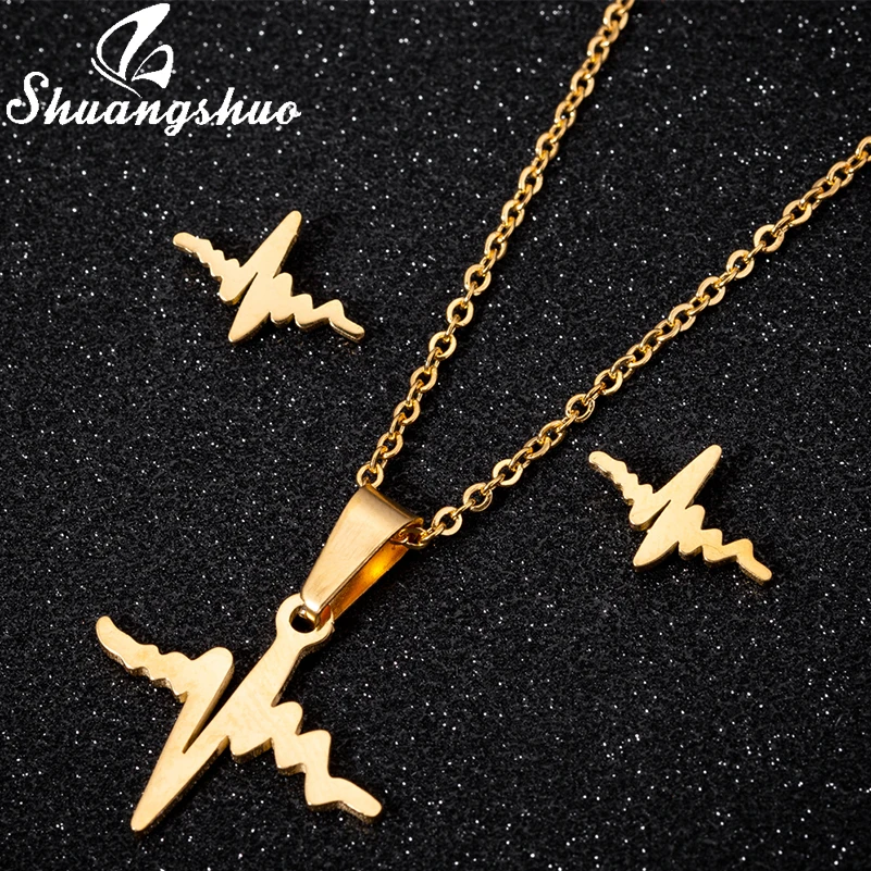 

Shuangshuo New Women Heartbeat Jewelry Gifts Girl ECG Necklace Earrings Fashion Indian Wedding Women Accessories Friendship