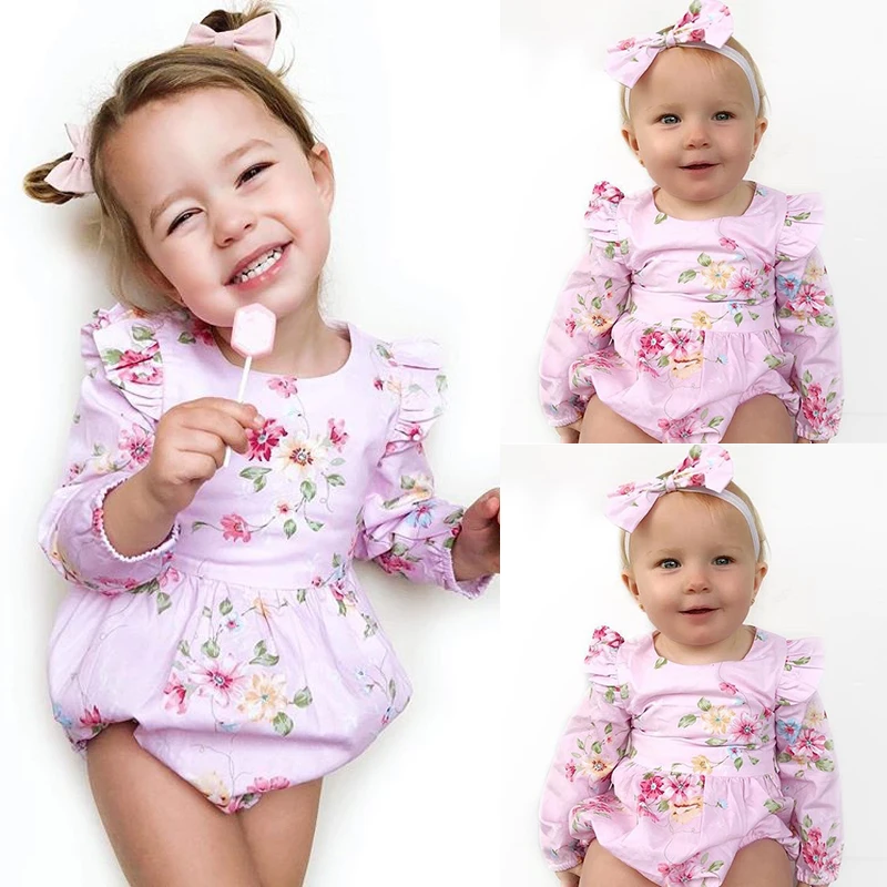 

Newborn Baby Girl Pink Long Sleeve Floral Bodysuit Jumpsuit 2Pcs Outfits Autumn Sweet Clothes