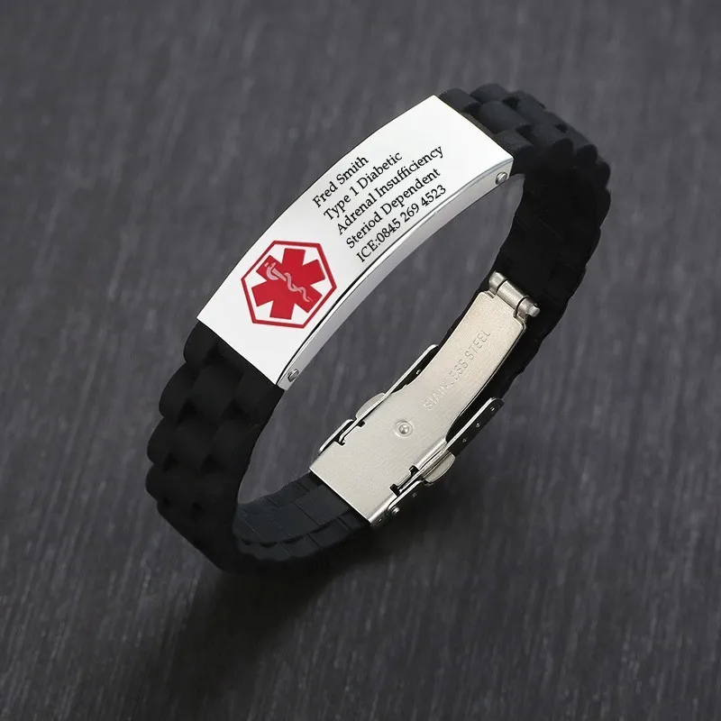 

Size Adjustable Black Silicone Medical Red Symbol ID Bracelets Waterproof With Stainless Steel Plate Tag Personalized