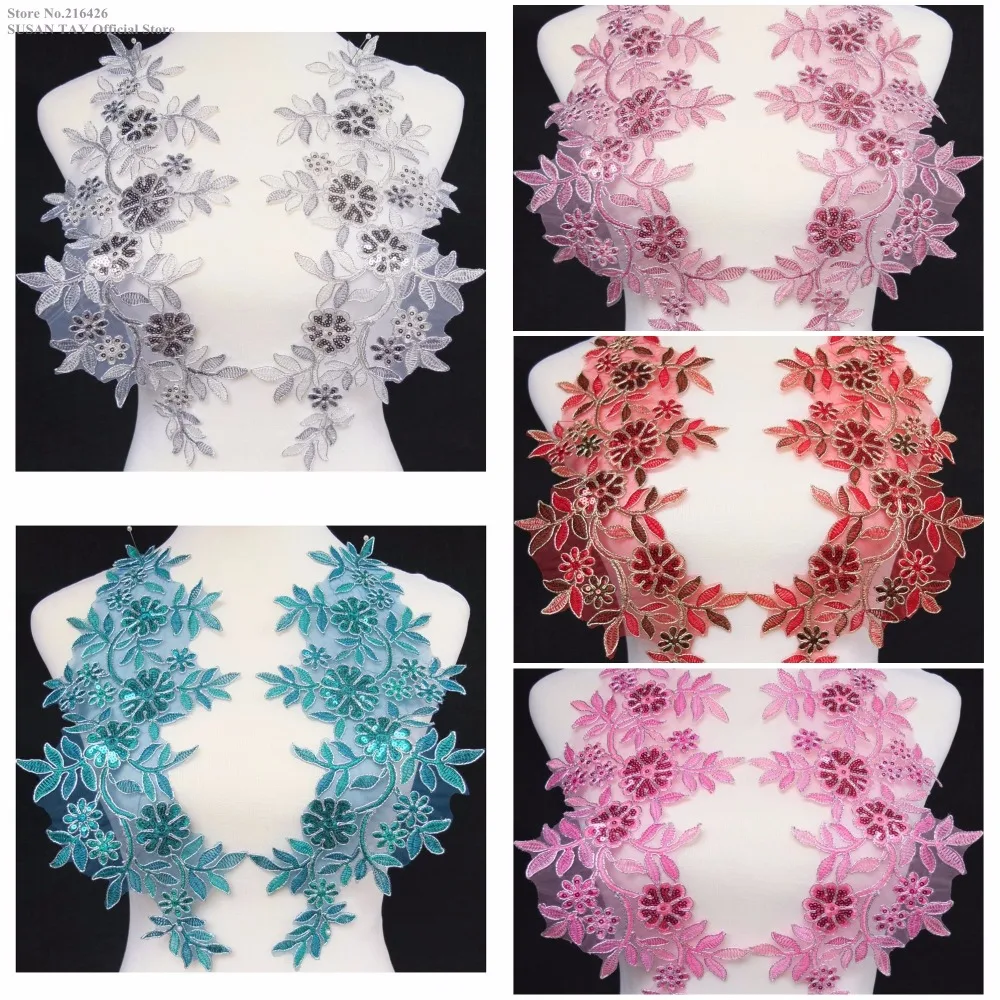 

1pair=2pcs x New 5Colors(Silver Teal Blue Pale Mauve Red Pink)Sequins Flower Lace Embroidered Appliques Collars Necklines BNC115