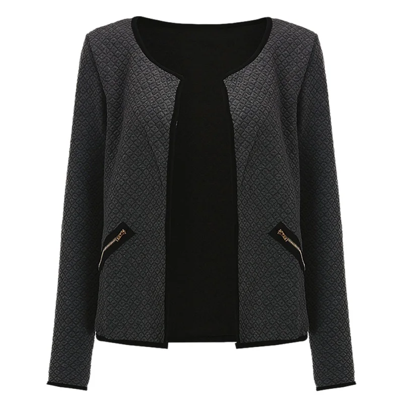 2018 جديد الخريف بالاضافة الى حجم جيوب سترة جاكيتات طويلة الأكمام ياقات المفتوحة غرزة منقوشة معطف قصير جاكيتات أنيقة