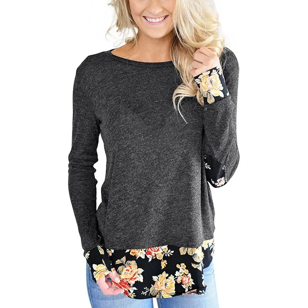 Floral Flower Print Women Round Neck Long Sleeve Top Tee Autumn T Shirt