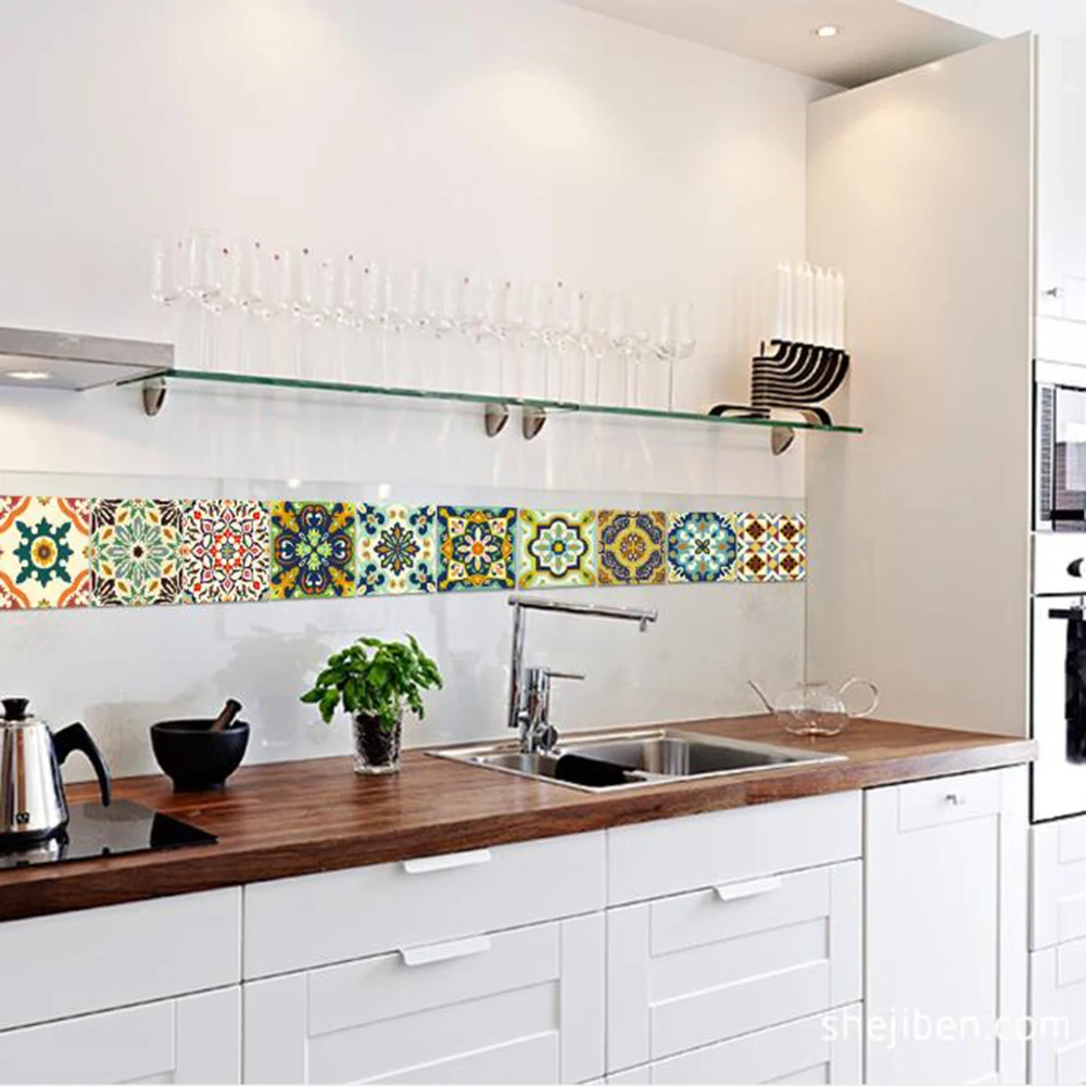 

Wall Sticker15*15cm/20*20cm PVC Waterproof Self Adhesive Wallpaper Furniture Kitchen Mediterranean DIY Tile Sticker Wall Decal