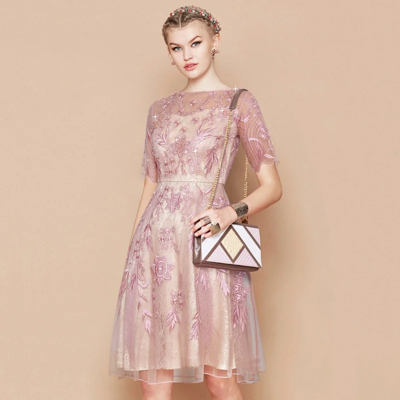 Luxury Women Embroidery Short Sleeve Vintage Mesh Knee Length Party Dress Blue  Pink Kawaii Beaded Summer Lace Dress 2018